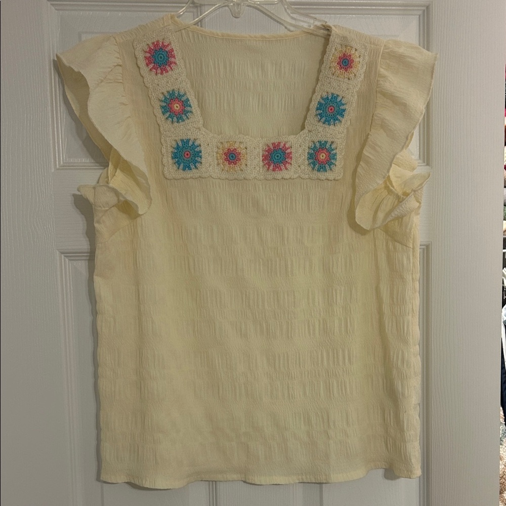 Embroidered Ruffle Sleeve Top - Cream